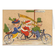 Vintage Christmas; Santa Claus Riding a Bicycle Greeting Cards