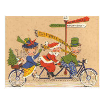 Vintage Christmas; Santa Claus Riding a Bicycle Postcard