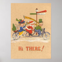 Vintage Christmas; Santa Claus Riding a Bicycle Print