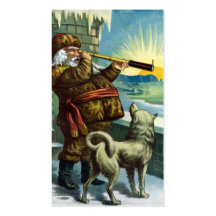 Vintage Christmas Santa Claus Telescope Dog Sunset Business Cards