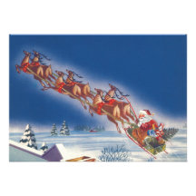 Vintage Christmas, Santa Flying Sleigh Reindeer Announcement