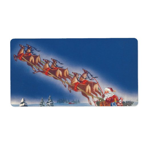 Vintage Christmas, Santa Flying Sleigh Reindeer Personalized Shipping Label
