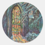 Vintage Christmas, Stained Glass Window in Church Round Stickers