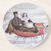 Vintage Christmas; The Road Winter, Romantic Ride Drink Coaster