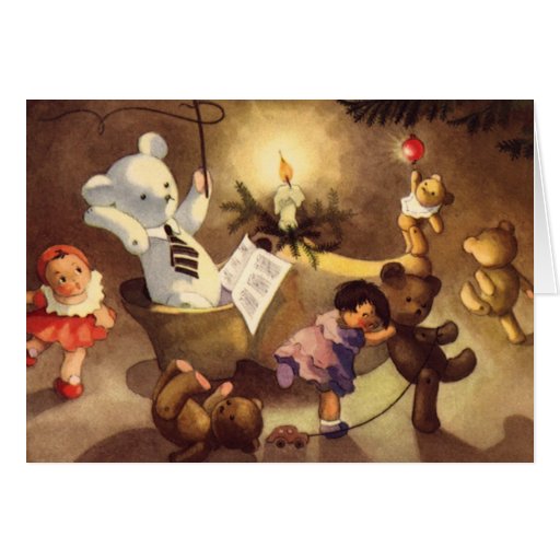 Vintage Christmas Toys Dancing, Teddy Bears Dolls Greeting Card