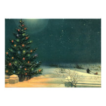 Vintage Christmas Tree at Night Lights Snow Winter Invitation