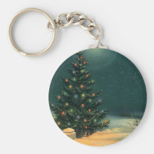 Vintage Christmas Tree at Night Lights Snow Winter Key Chains