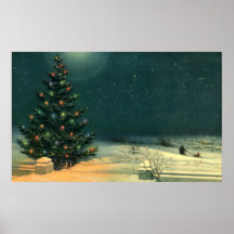 Vintage Christmas Tree at Night Lights Snow Winter Posters