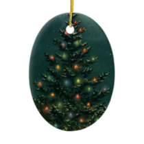 Vintage Christmas Tree at Night with Lights Ornaments