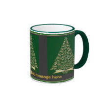 Vintage Christmas Trees in Green & Gold Mugs
