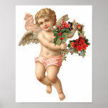 Vintage Christmas, Victorian Angel Floral Wreath Poster