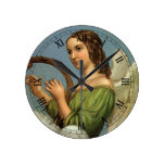 Vintage Christmas Victorian Angel Music Harp Round Clocks