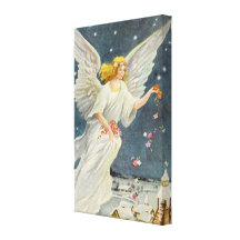 Vintage Christmas Victorian Angel with Stars Roses Gallery Wrapped Canvas