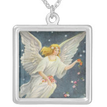Vintage Christmas Victorian Angel with Stars Roses Pendants