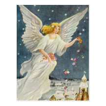 Vintage Christmas Victorian Angel with Stars Roses Post Card
