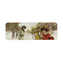 Vintage Christmas, Victorian Children Sledding Dog Custom Return Address Labels