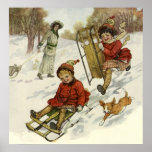 Vintage Christmas, Victorian Children Sledding Dog Poster