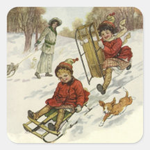 Vintage Christmas, Victorian Children Sledding Dog Sticker
