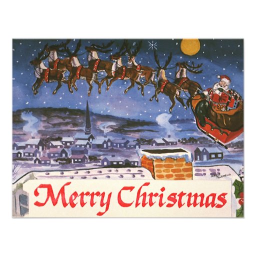 Vintage Christmas with Santa Claus Reindeer Sleigh Custom Invitation