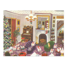 Vintage Christmas Wrapping Presents in Living Room Postcard
