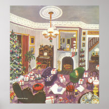 Vintage Christmas Wrapping Presents in Living Room Poster