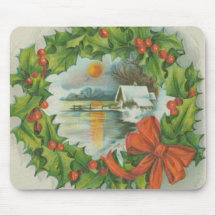 Vintage Christmas Wreath Town Mouse Pad