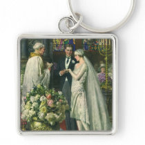 Vintage Church Wedding Ceremony; Bride and Groom Keychain