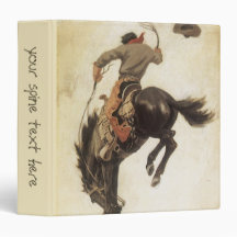Vintage Cowboy on a Bucking Bronco Horse 3 Ring Binders