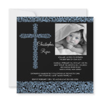 Vintage Cross Photo Baptism Inviation Baby Boy Invite