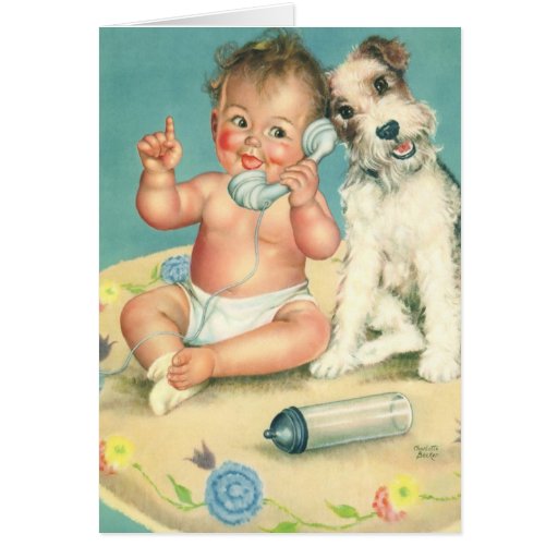 Vintage Cute Baby Talking on Phone Puppy Dog Card