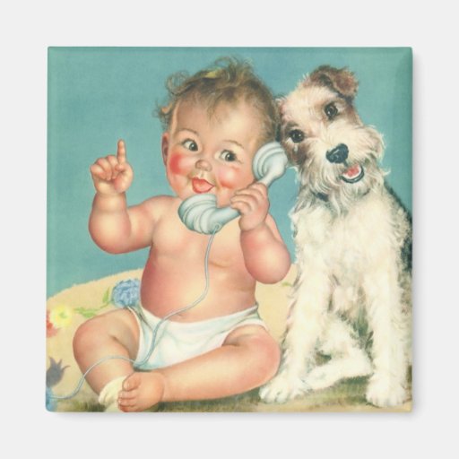 Vintage Cute Baby Talking on Phone Puppy Dog Magnet