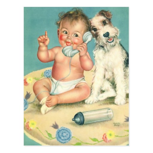 Vintage Cute Baby Talking on Phone Puppy Dog Postcards
