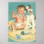 Vintage Cute Baby Talking on Phone Puppy Dog Posters