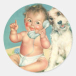 Vintage Cute Baby Talking on Phone Puppy Dog Sticker