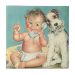 Vintage Cute Baby Talking on Phone Puppy Dog Tiles
