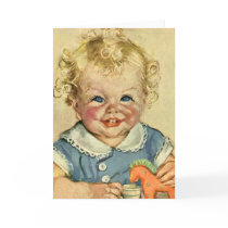 Vintage Cute Blonde Curl Baby Smiles with Toy Hors