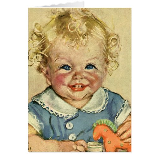 Vintage Cute Blonde Curl Baby Smiles with Toy Hors Greeting Cards