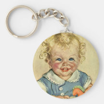 Vintage Cute Blonde Curl Baby Smiles with Toy Hors Key Chains