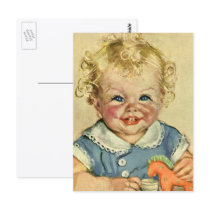 Vintage Cute Blonde Curl Baby Smiles with Toy Hors