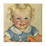 Vintage Cute Blonde Curl Baby Smiles with Toy Hors Ceramic Tile