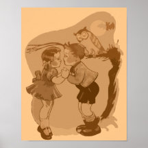 Vintage cute boy and girl, owl, bat poster