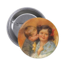 Vintage Cute Boy Stealing a Kiss on the Cheek Pinback Buttons
