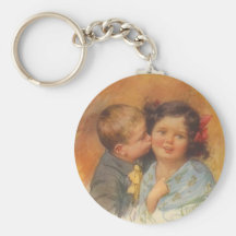 Vintage Cute Boy Stealing a Kiss on the Cheek Key Chains