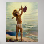 Vintage Cute Child Hanging Laundry at the Beach Poster