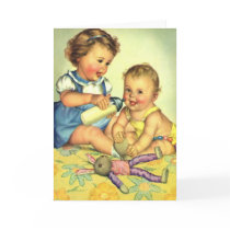 Vintage Cute Happy Toddlers Smiling with a Bottle Greeting Card