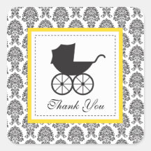 Vintage Damask Baby Carriage Baby Shower Square Stickers