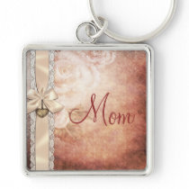 Vintage Damask Roses, Heart & Ribbon Mom Key Chain
