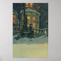 Vintage Decorated Christmas House and Snow Print