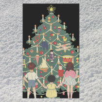 Vintage Decorated Christmas Tree and Children Stickers