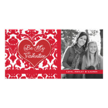 Vintage Divine Damask Red with Oval Name Plate Custom Photo Card